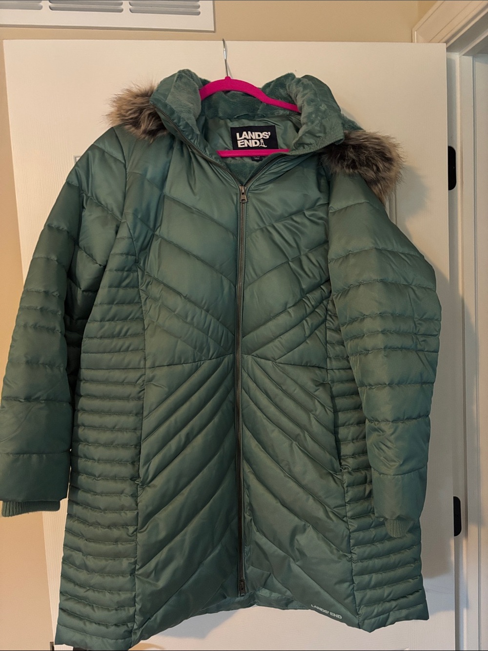 Lands' End Sage Green Quilted Long Puffer Coat with Faux Fur Trim.